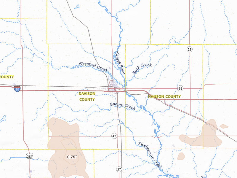 Radar-estimated hail-size map of the storm over Mitchell, SD on Jun 30, 2026