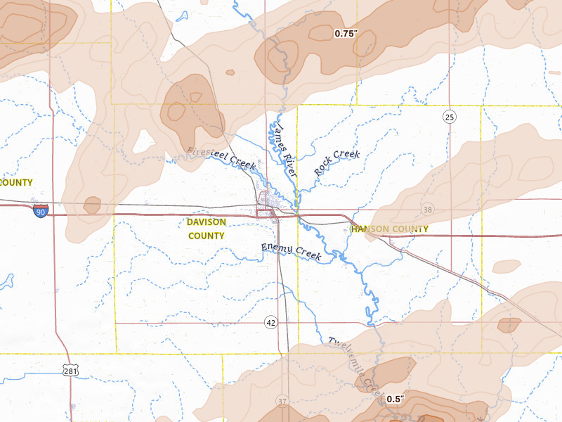 Radar-estimated hail-size map of the storm over Mitchell, SD on Jul 2, 2026