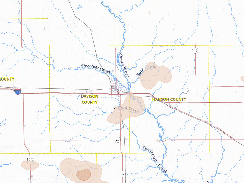 Radar-estimated hail-size map of the storm over Mitchell, SD on Jul 25, 2026
