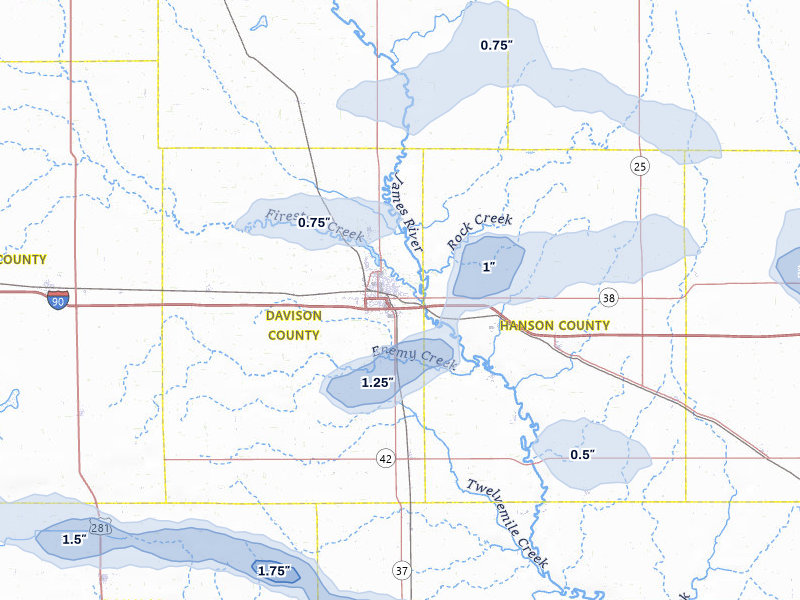 NEXRAD radar-signature map of the hail storm over Mitchell, SD on Jul 25, 2026