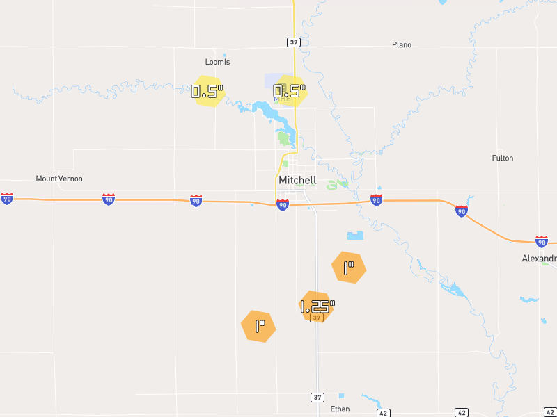 Hail map of Mitchell, SD on Jul 26, 2026, hail up to 1.25"