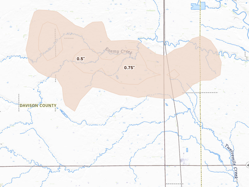 Radar-estimated hail-size map of the storm over Mitchell, SD on Aug 6, 2026