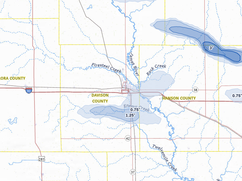 NEXRAD radar-signature map of the hail storm over Mitchell, SD on Aug 6, 2026