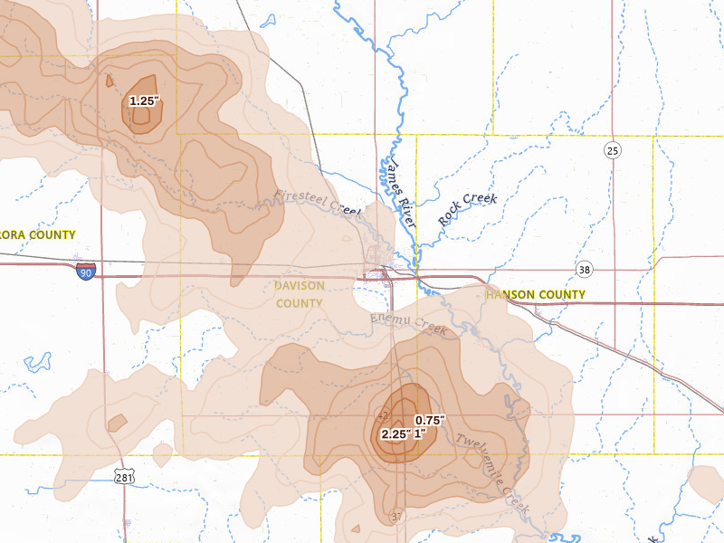 Radar-estimated hail-size map of the storm over Mitchell, SD