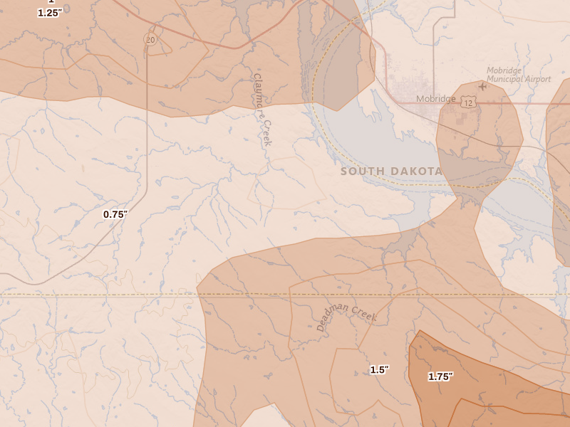 Radar-estimated hail-size map of the storm over Mobridge, SD on Jul 7, 2026