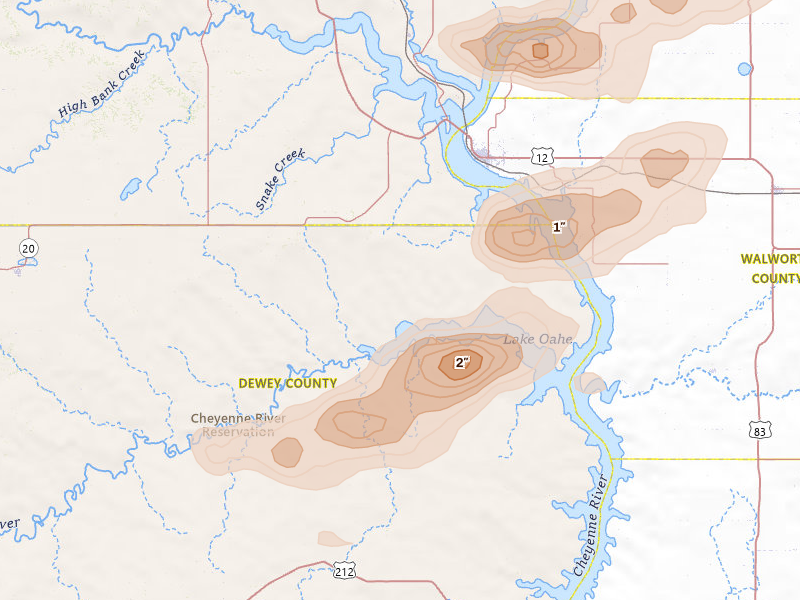 Radar-estimated hail-size map of the storm over Mobridge, SD on Aug 24, 2026