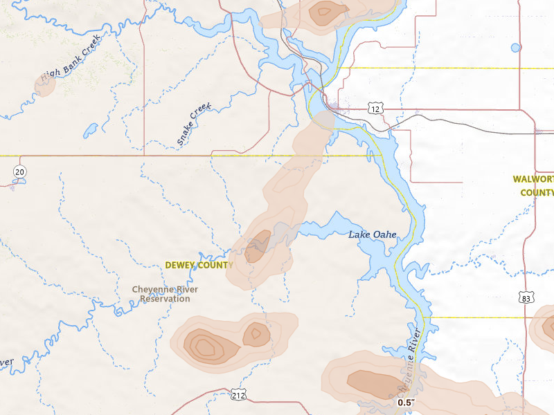 Radar-estimated hail-size map of the storm over Mobridge, SD on Aug 29, 2026