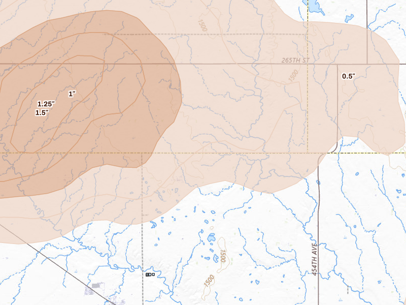 Radar-estimated hail-size map of the storm over Monroe, SD on Jul 2, 2026