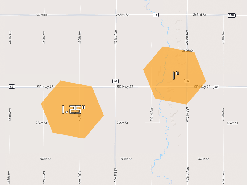 Hail map of Monroe, SD on Jul 3, 2026, hail up to 1.25"