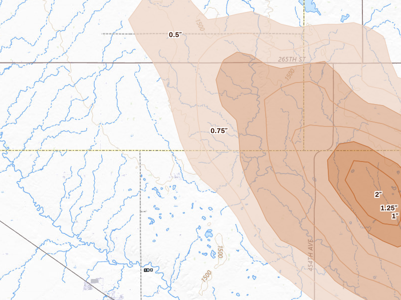 Radar-estimated hail-size map of the storm over Monroe, SD on Aug 20, 2026