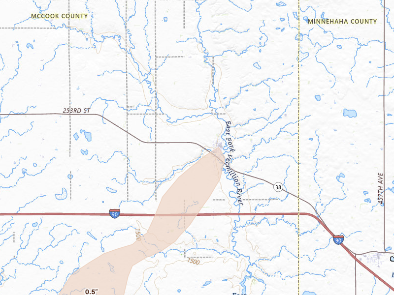 Radar-estimated hail-size map of the storm over Montrose, SD on Jun 9, 2026