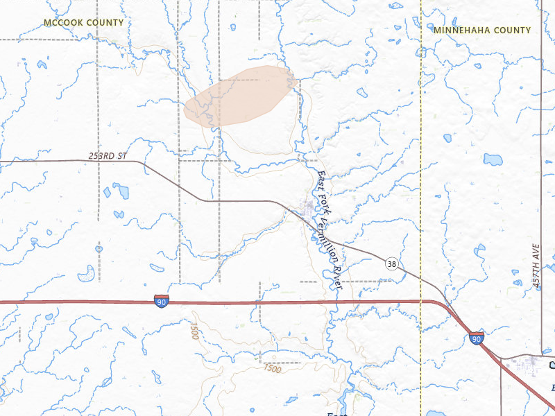 Radar-estimated hail-size map of the storm over Montrose, SD on Jun 27, 2026