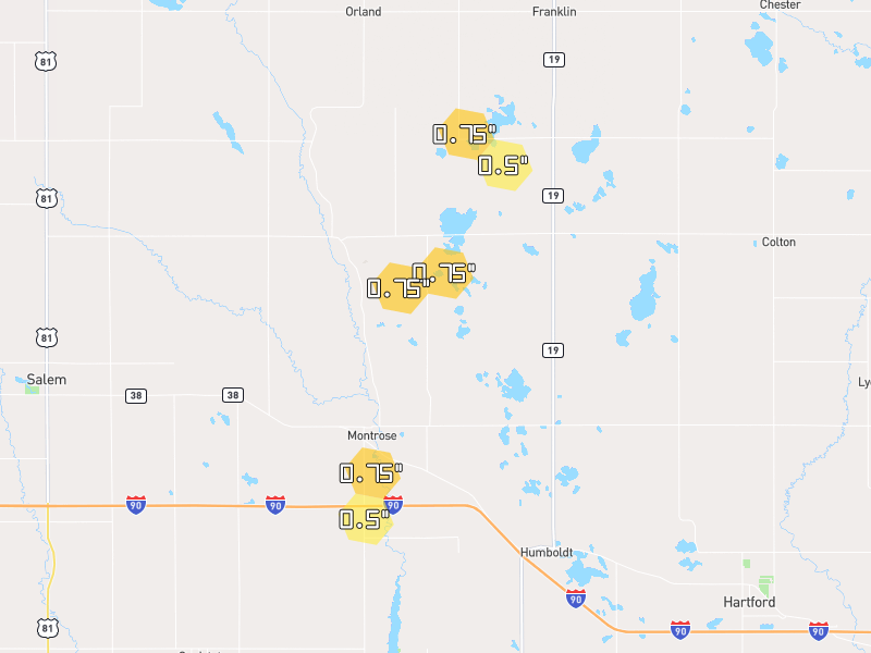 Hail map of Montrose, SD on Jul 1, 2026, hail up to 0.75"