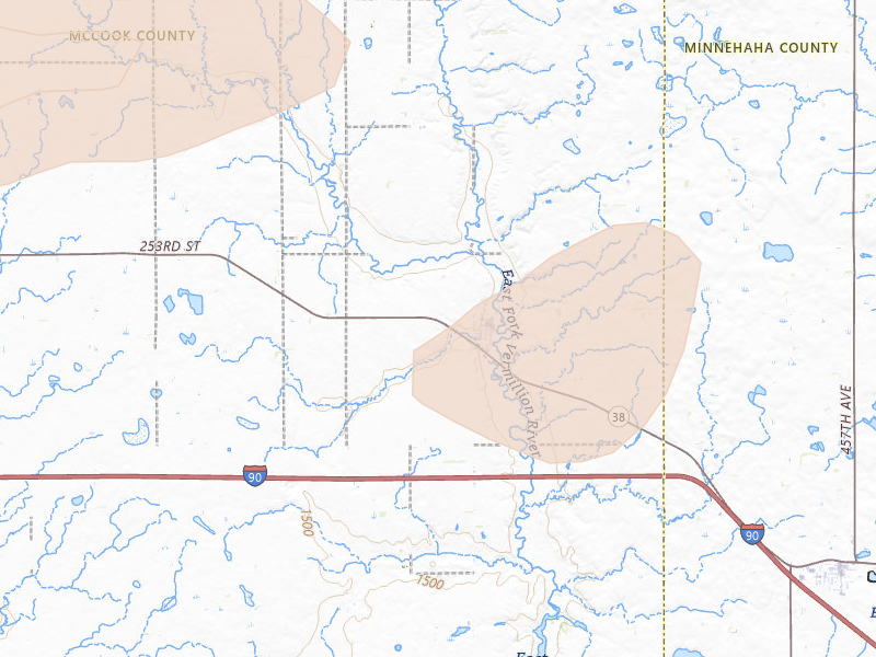 Radar-estimated hail-size map of the storm over Montrose, SD on Jul 25, 2026