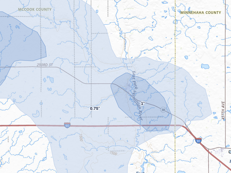 NEXRAD radar-signature map of the hail storm over Montrose, SD on Jul 25, 2026