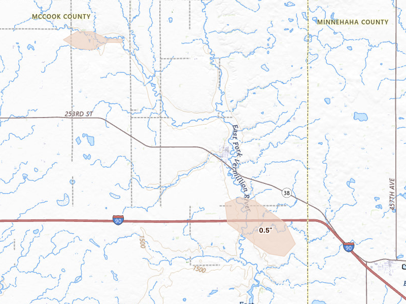 Radar-estimated hail-size map of the storm over Montrose, SD on Aug 19, 2026