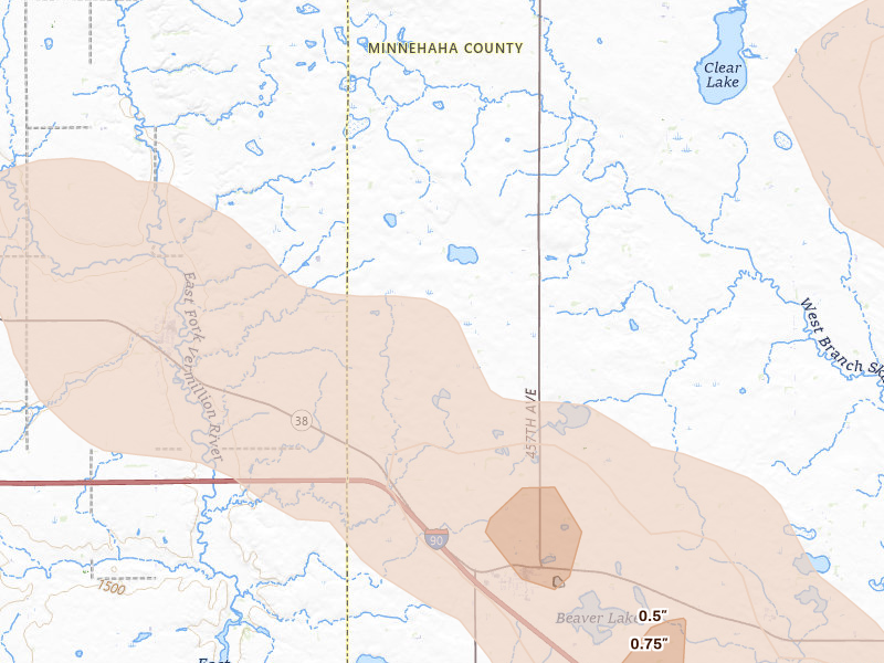 Radar-estimated hail-size map of the storm over Montrose, SD on Aug 20, 2026