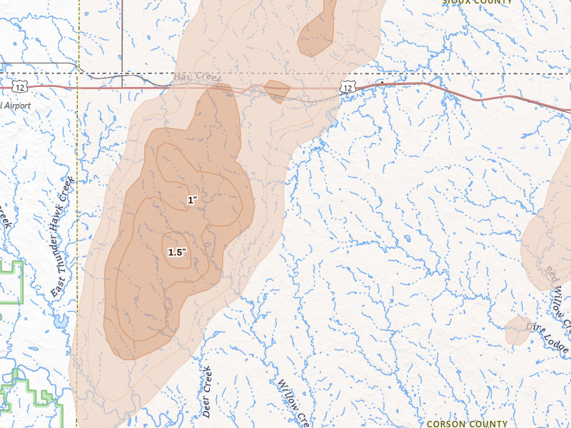 Radar-estimated hail-size map of the storm over Morristown, SD on Jun 9, 2026