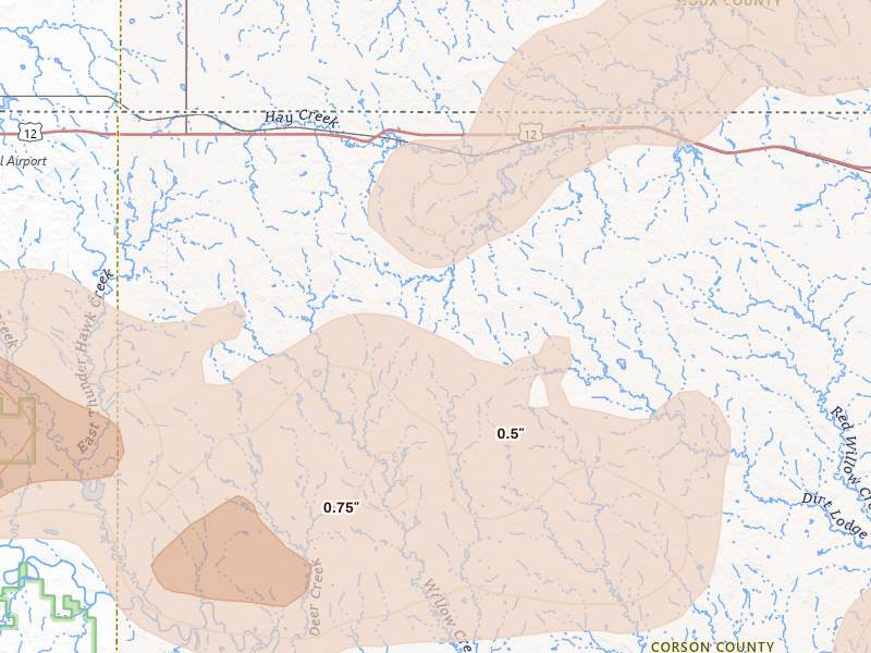 Radar-estimated hail-size map of the storm over Morristown, SD on Jul 1, 2026