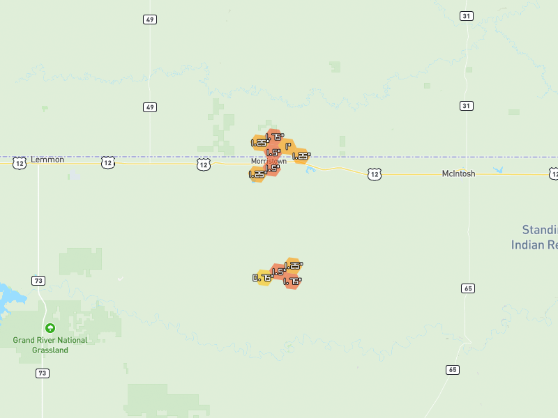 Hail map of Morristown, SD on Jul 2, 2026, hail up to 1.75"