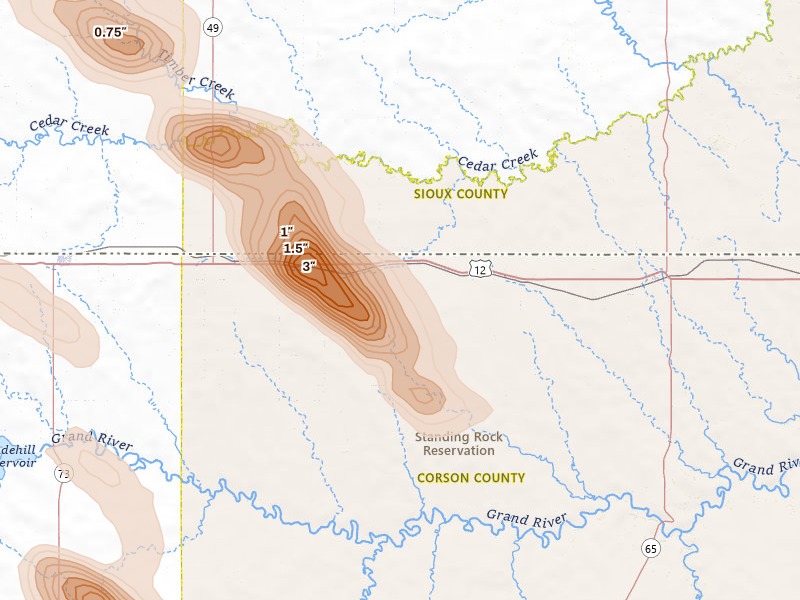 Radar-estimated hail-size map of the storm over Morristown, SD on Aug 11, 2026