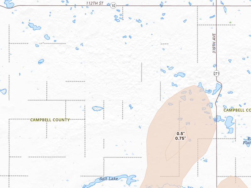 Radar-estimated hail-size map of the storm over Mound City, SD on Jul 7, 2026