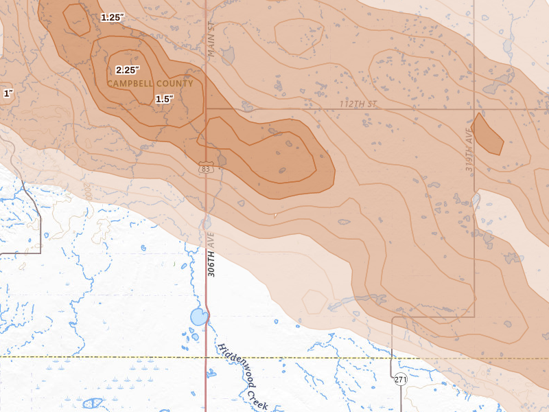 Radar-estimated hail-size map of the storm over Mound City, SD on Aug 8, 2026