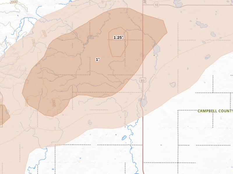 Radar-estimated hail-size map of the storm over Mound City, SD on Aug 24, 2026