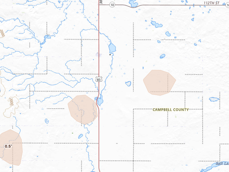 Radar-estimated hail-size map of the storm over Mound City, SD on Aug 30, 2026