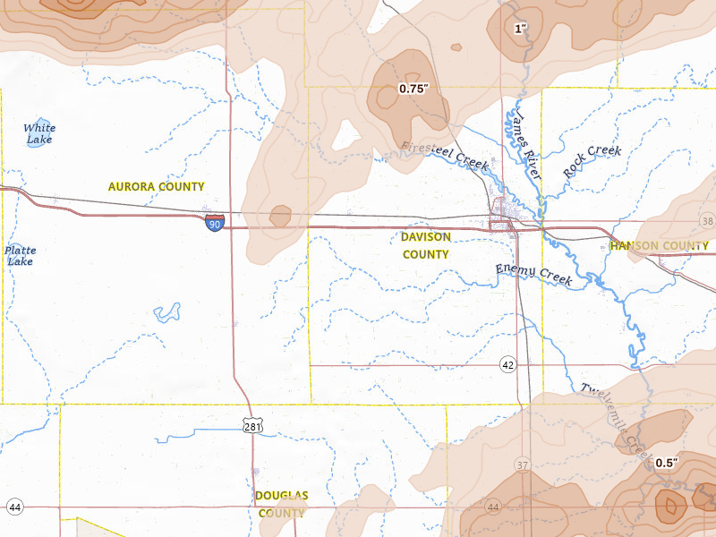 Radar-estimated hail-size map of the storm over Mount Vernon, SD on Jul 2, 2026