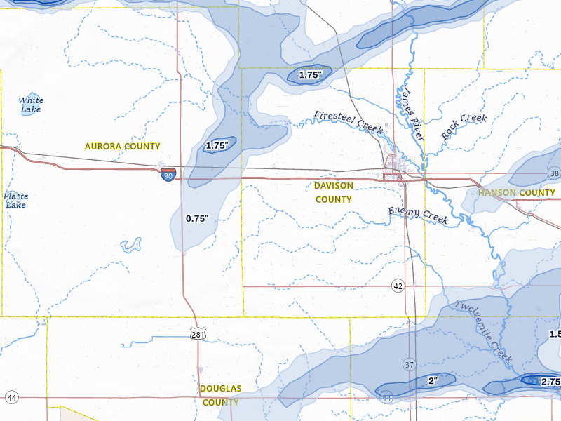 NEXRAD radar-signature map of the hail over Mount Vernon, SD