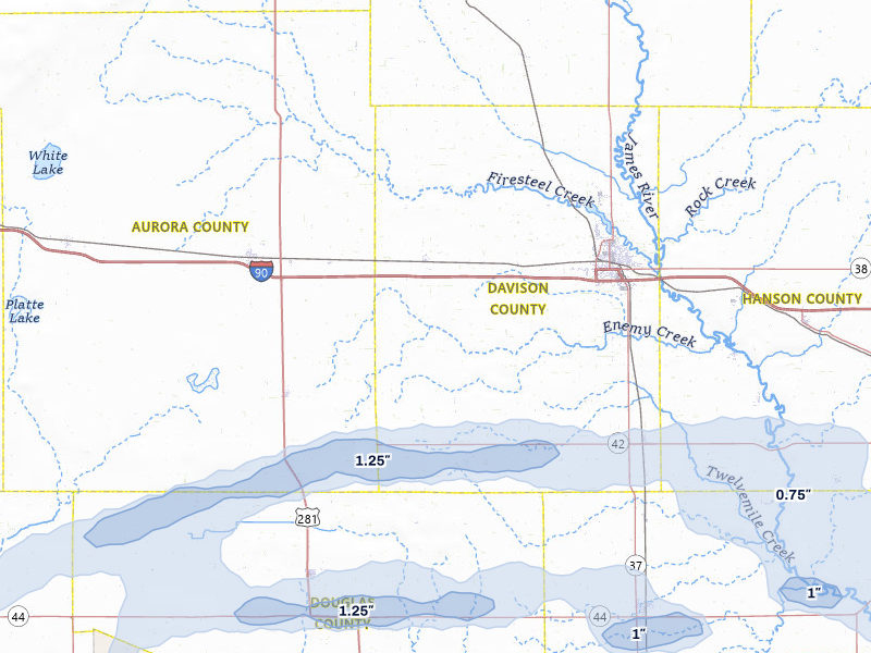 NEXRAD radar-signature map of the hail storm over Mount Vernon, SD on Aug 3, 2026