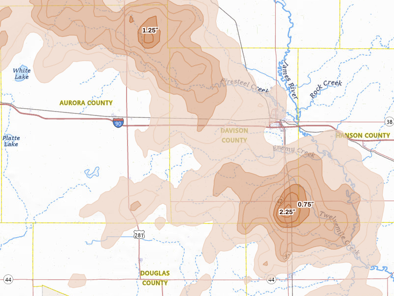 Radar-estimated hail-size map of the storm over Mount Vernon, SD