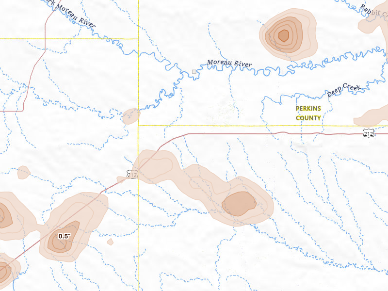 Radar-estimated hail-size map of the storm over Mud Butte, SD on Jul 2, 2026