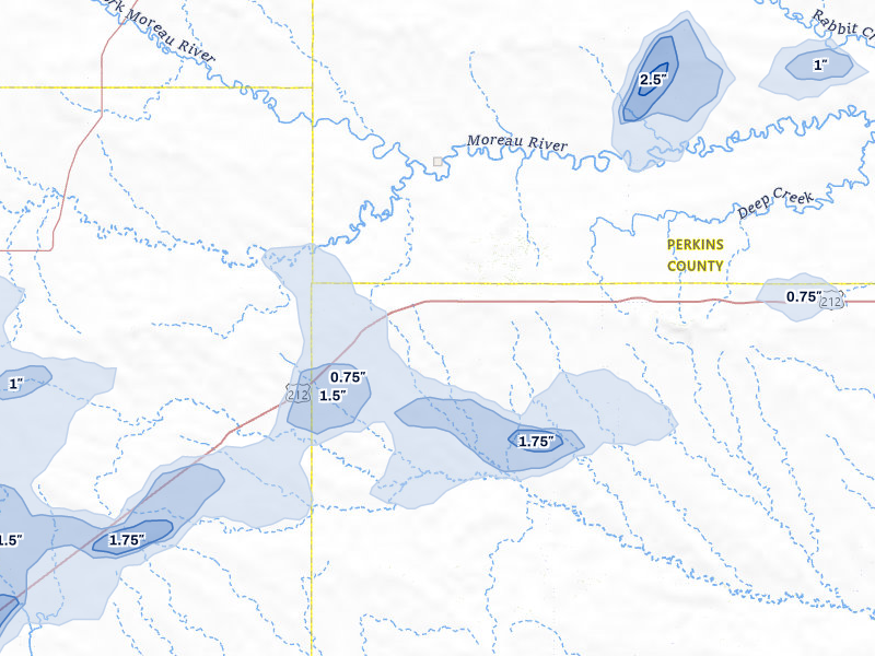 NEXRAD radar-signature map of the hail storm over Mud Butte, SD on Jul 2, 2026