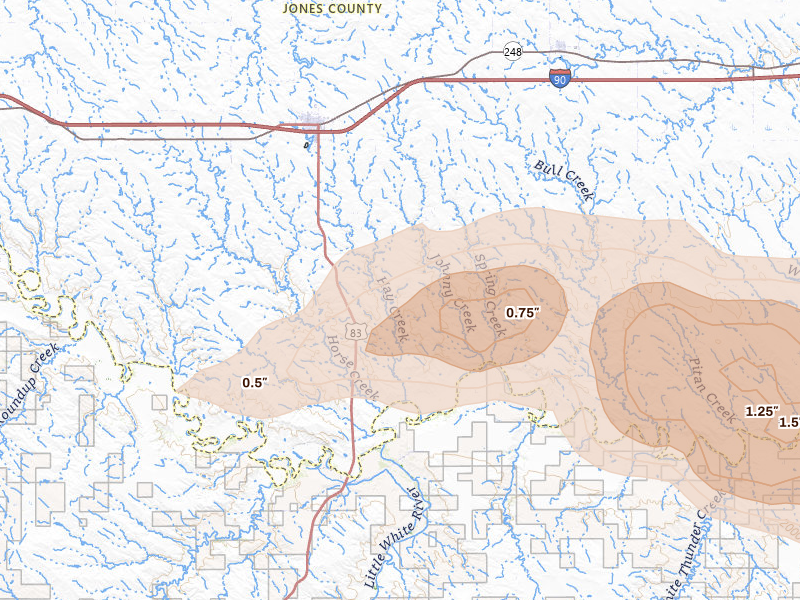 Radar-estimated hail-size map of the storm over Murdo, SD on Jun 3, 2026