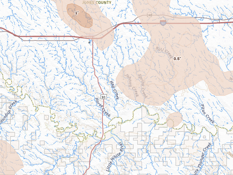Radar-estimated hail-size map of the storm over Murdo, SD on Jun 4, 2026
