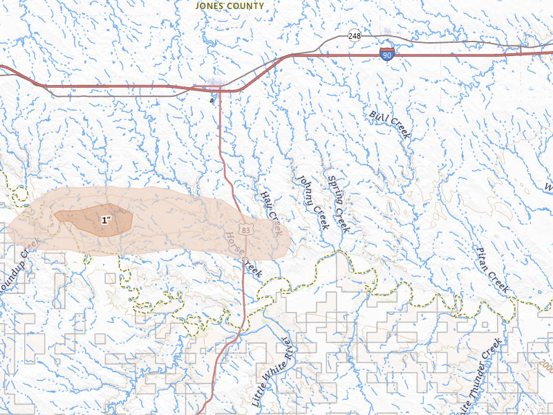Radar-estimated hail-size map of the storm over Murdo, SD on Jun 22, 2026