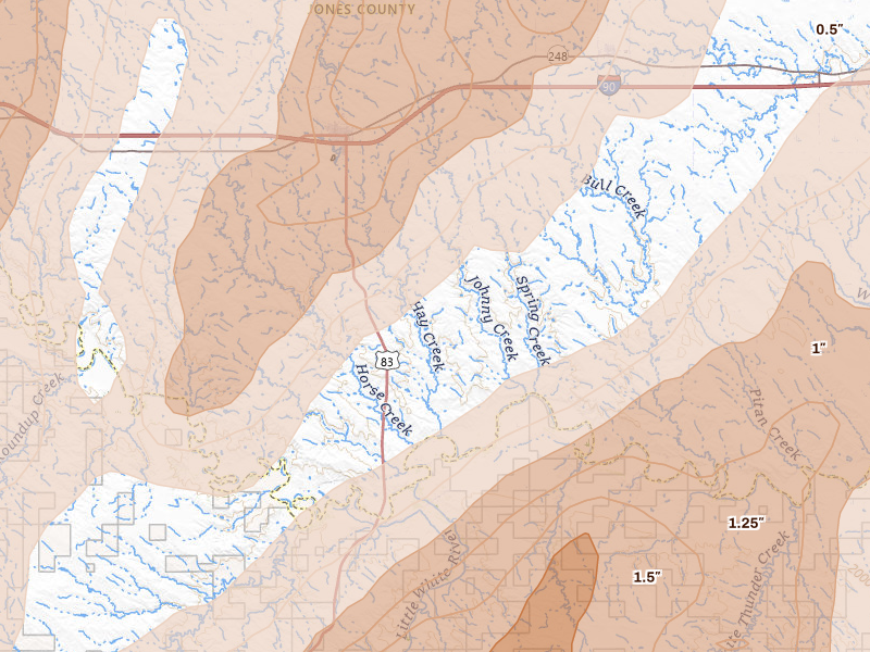 Radar-estimated hail-size map of the storm over Murdo, SD on Jun 28, 2026