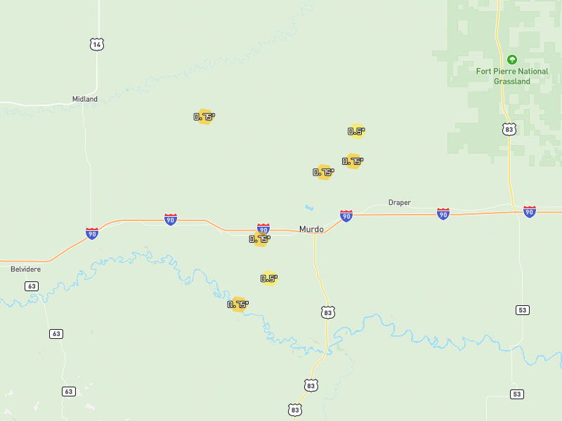 Hail map of Murdo, SD on Jun 28, 2026, hail up to 0.75"