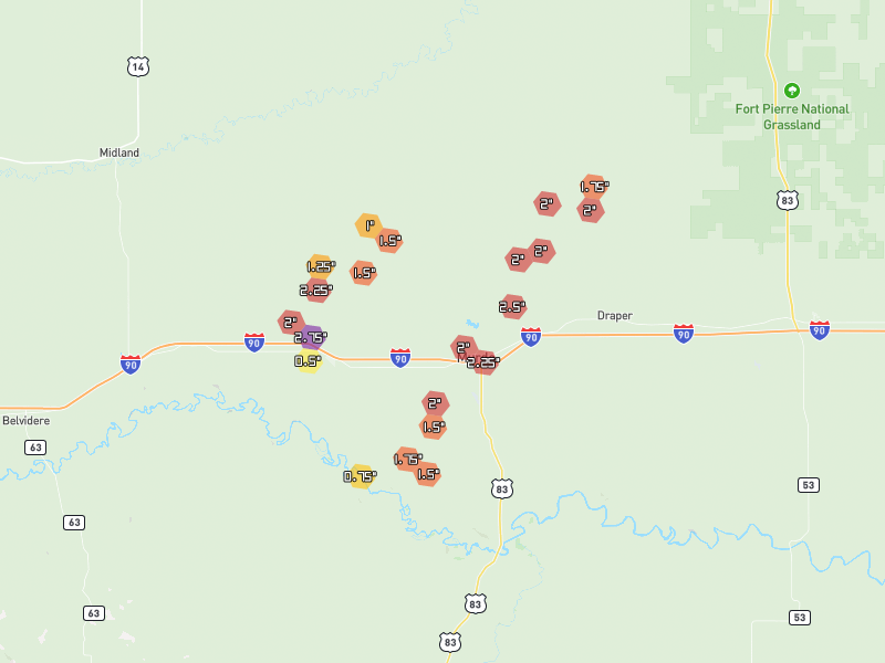 Hail map of Murdo, SD on Jun 29, 2026, hail up to 2.75"