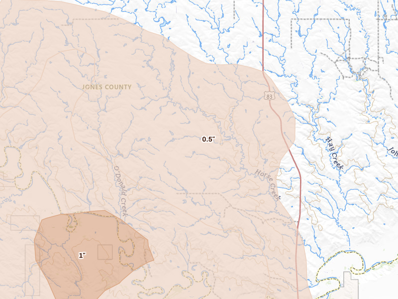 Radar-estimated hail-size map of the storm over Murdo, SD on Aug 11, 2026