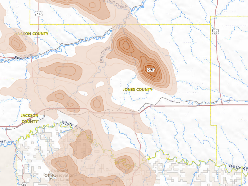 Radar-estimated hail-size map of the storm over Murdo, SD on Aug 24, 2026