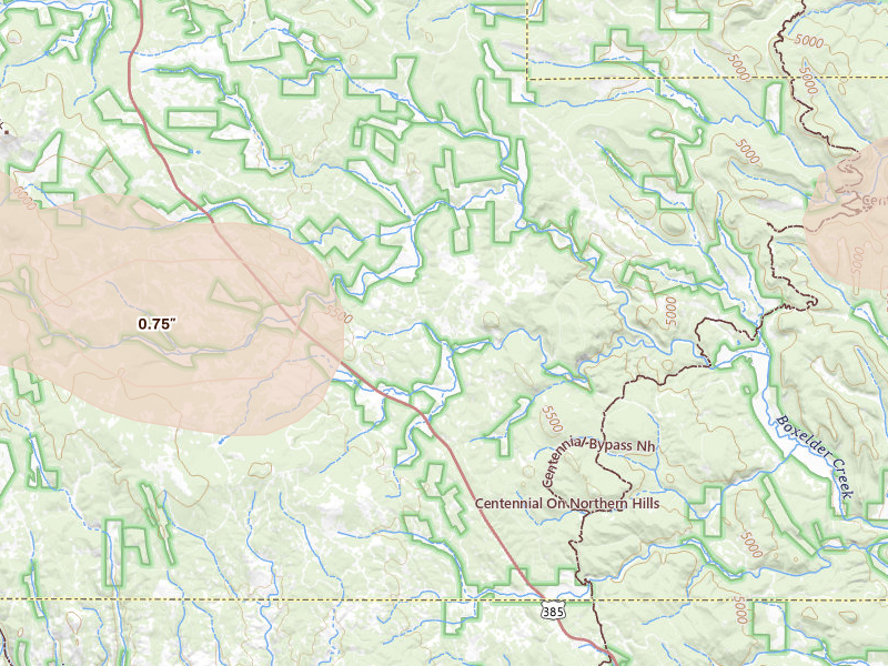 Radar-estimated hail-size map of the storm over Nemo, SD on Jul 7, 2026