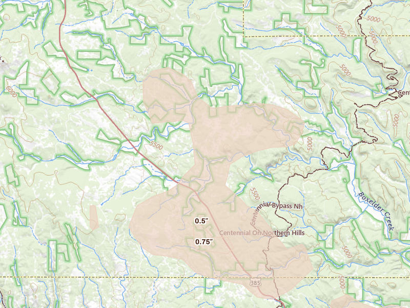 Radar-estimated hail-size map of the storm over Nemo, SD on Jul 8, 2026