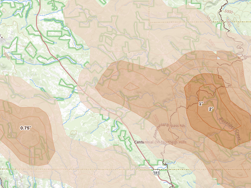 Radar-estimated hail-size map of the storm over Nemo, SD on Aug 11, 2026