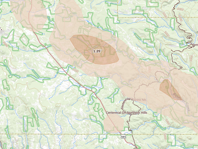 Radar-estimated hail-size map of the storm over Nemo, SD on Aug 16, 2026