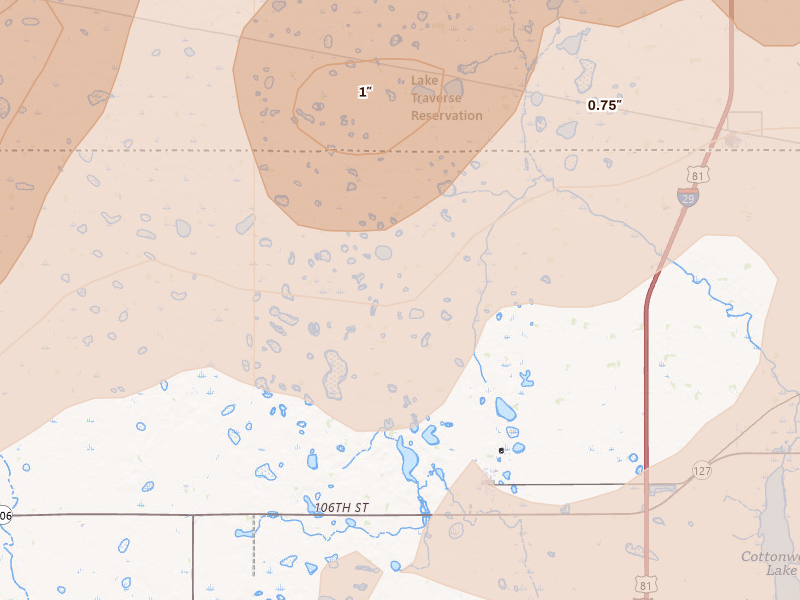 Radar-estimated hail-size map of the storm over New Effington, SD on Jun 29, 2026