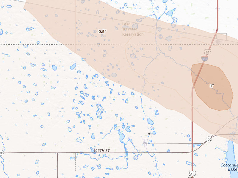 Radar-estimated hail-size map of the storm over New Effington, SD on Jul 19, 2026