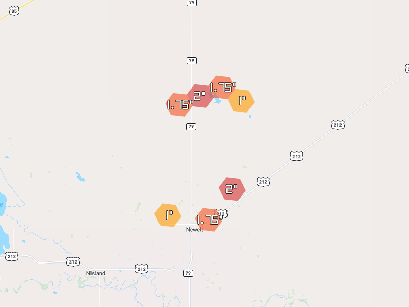 Hail map of Newell, SD on Jul 2, 2026, hail up to 2"